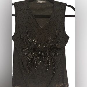 Temptation Italy Womens Top Beaded Sequin Black Sheer Lined Romantic Sleeveless